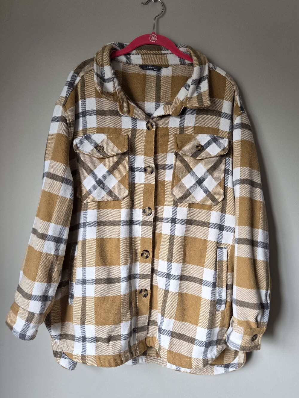 Womens Plaid Button-Up Shacket Jacket - Tan And White